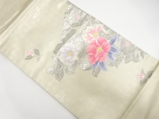 JAPANESE KIMONO / NISHIKI PLATINUM FOIL / WOVEN / FLORAL PATTERN / NAG
